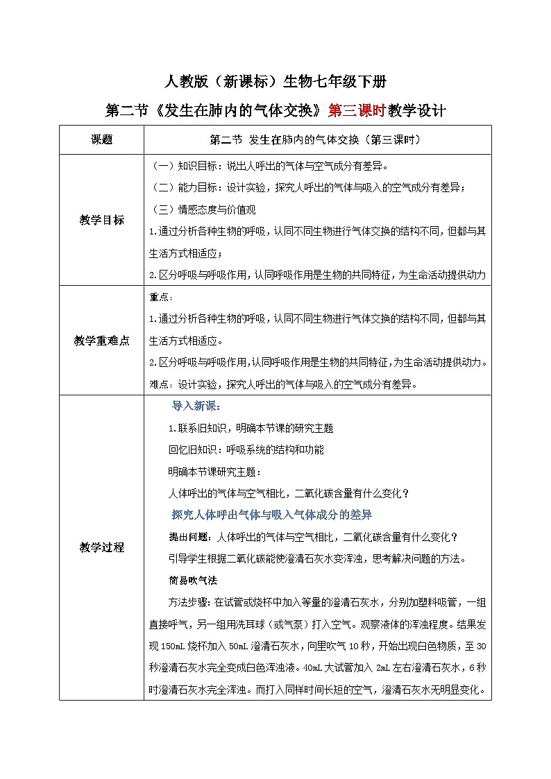 人教版七年级下册生物3.2《发生在肺内的气体交换》(第三课时)教学设计第1页