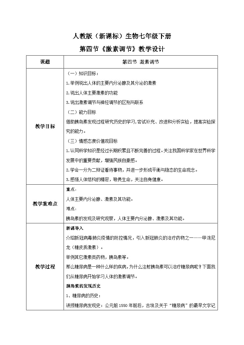 人教版七年级下册生物6.4《激素调节》教学设计01