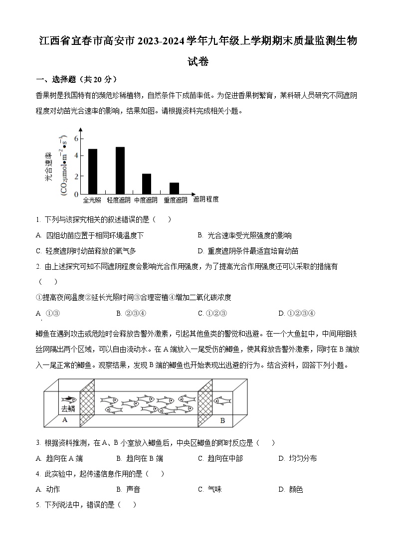 江西省宜春市高安市2023-2024学年九年级上学期期末生物试题（原卷版+解析版）