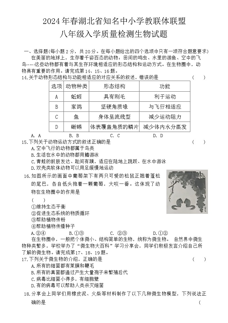 湖北省黄冈市知名中小学教联体联盟2023--2024学年八年级下学期入学考试生物试题(1)01
