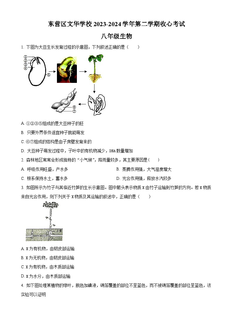 精品解析:山东省东营市文华学校2023-2024学年八年级下学期开学考试生物试题(原卷版)第1页