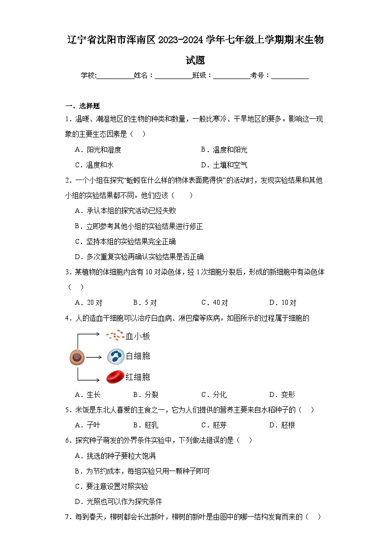 辽宁省沈阳市浑南区2023-2024学年七年级上学期期末生物试题(含答案)01
