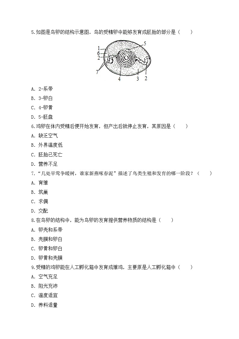人教版八年級下冊生物同步練習(xí) 7.1.4 鳥的生殖和發(fā)育（分層作業(yè)）（原卷版+解析）第2頁