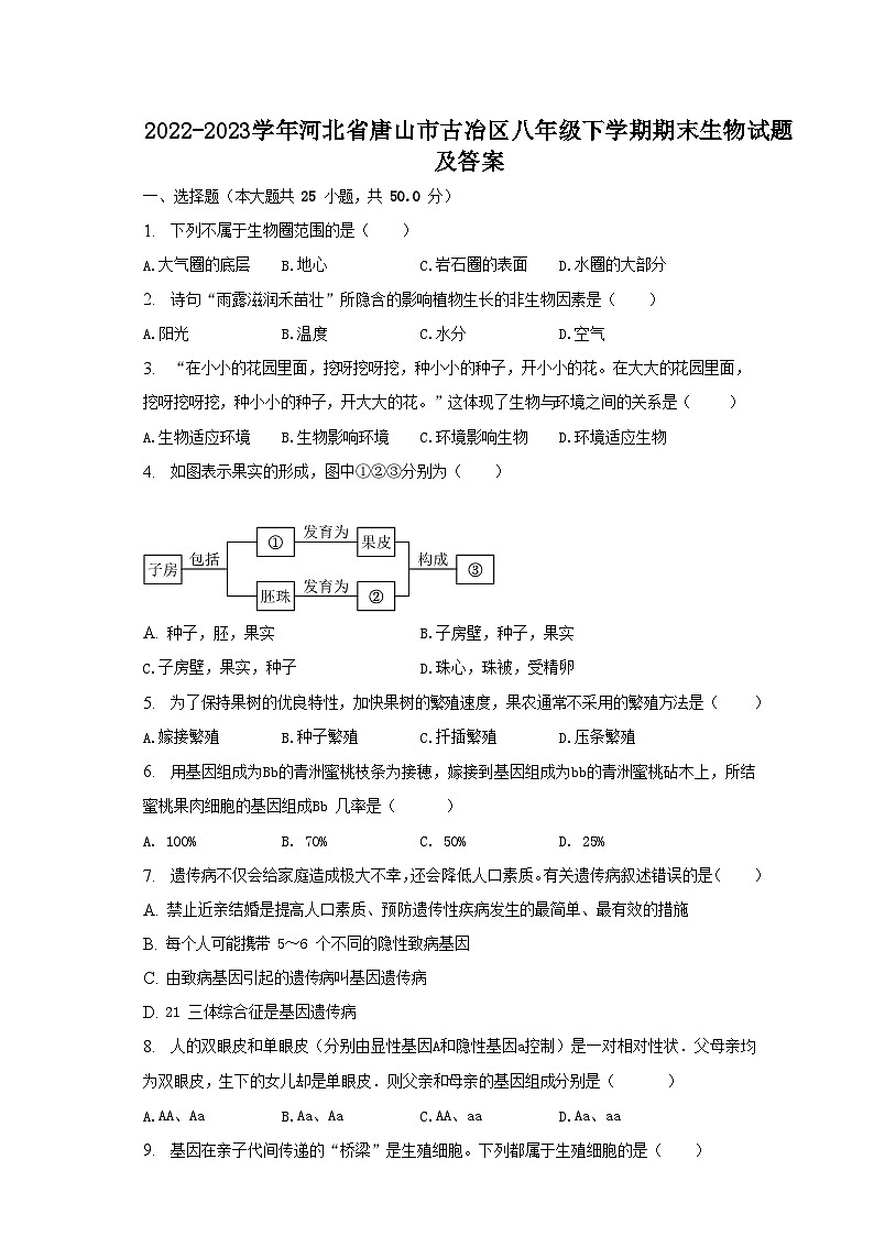2022-2023学年河北省唐山市古冶区八年级下学期期末生物试题及答案第1页