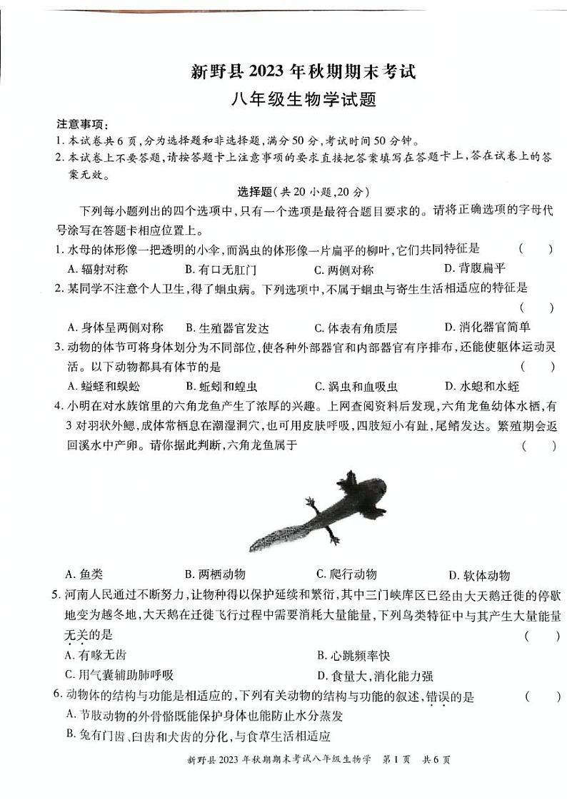 河南省南阳市新野县2023-2024学年八年级上学期期末考试生物学试卷第1页