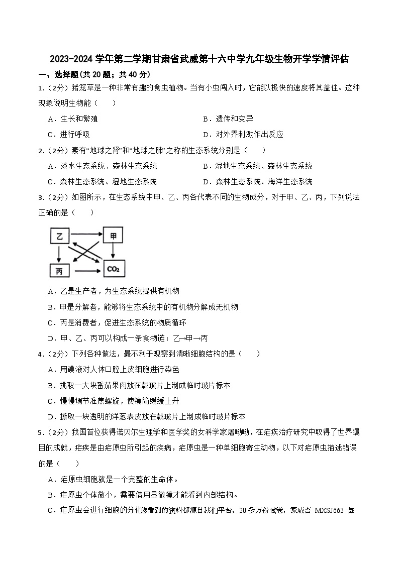 11，甘肃省武威市凉州区十六中片2023-2024学年九年级下学期开学考试生物试题