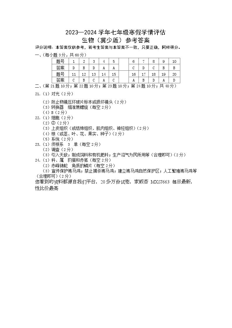 23，河北省张家口市张北县第三中学2023-2024学年七年级下学期开学考试生物试题(1)