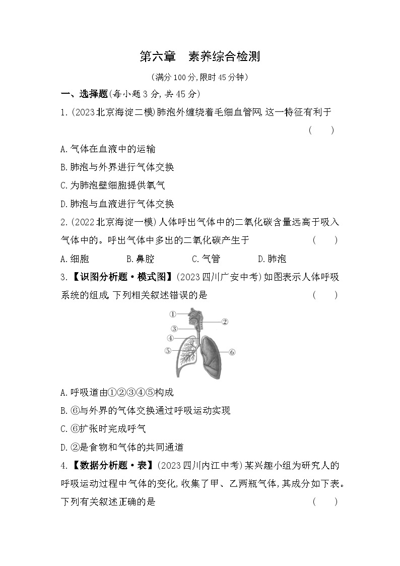 第六章　生物的呼吸综合检测--北京课改版初中生物七年级下册同步练习01