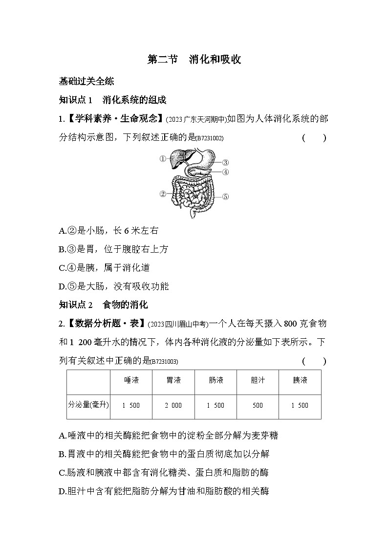 1.2 消化和吸收--济南版初中生物七年级下册同步练习第1页
