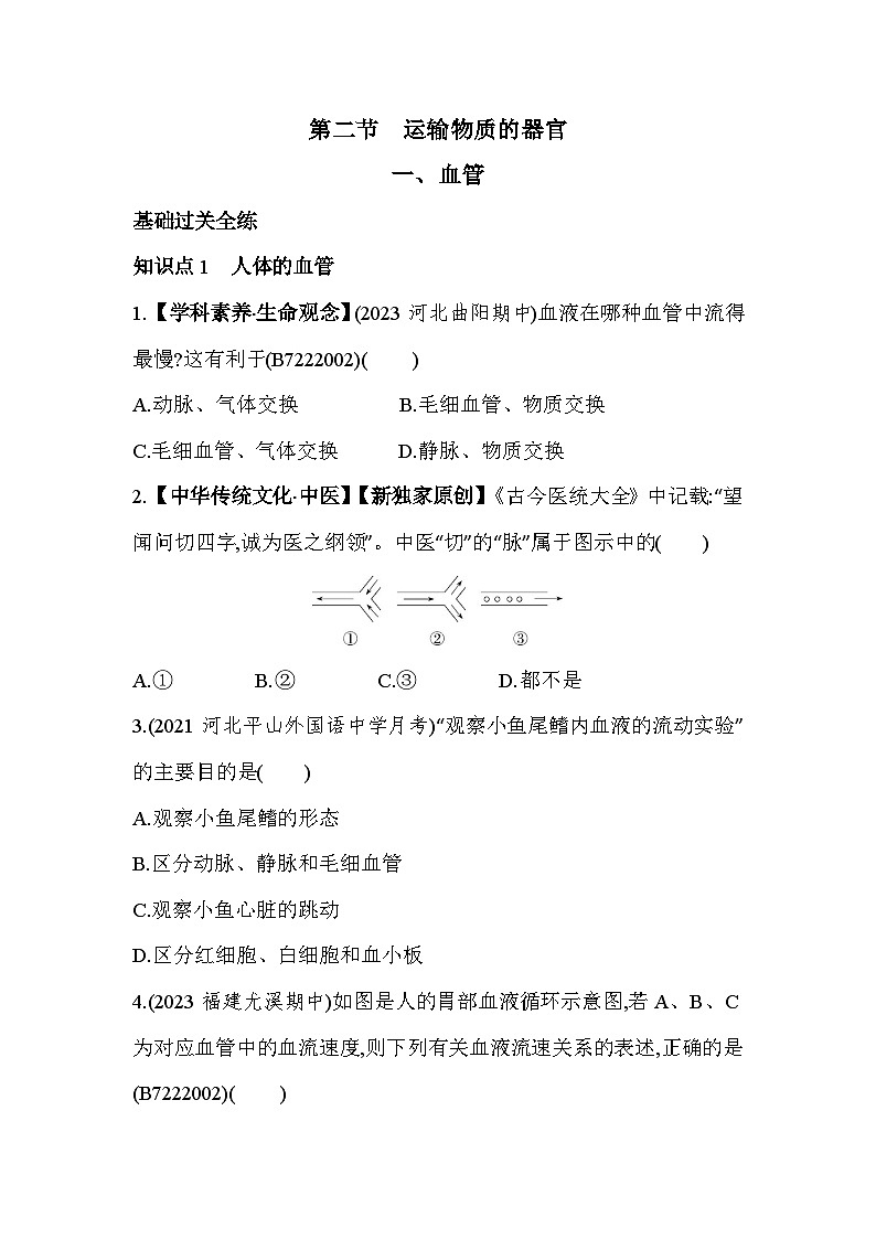 2.21  血管--冀少版初中生物七年級(jí)下冊(cè)同步練習(xí)第1頁(yè)