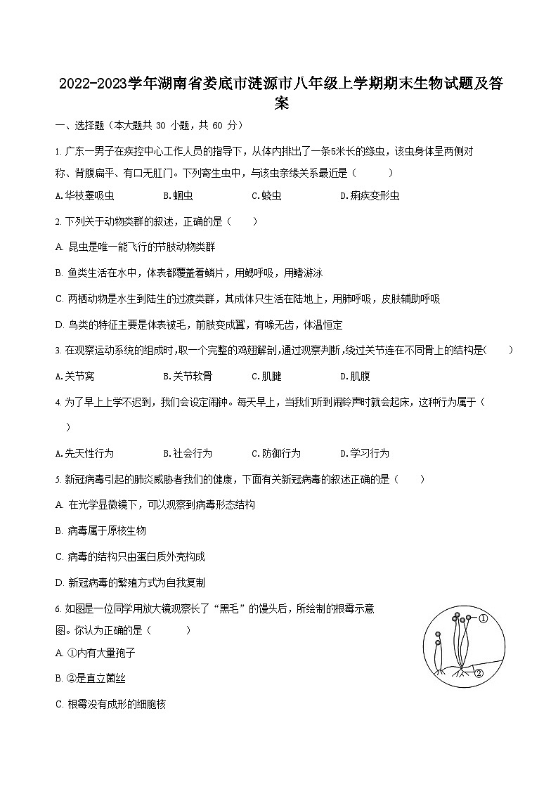 2022-2023学年湖南省娄底市涟源市八年级上学期期末生物试题及答案第1页