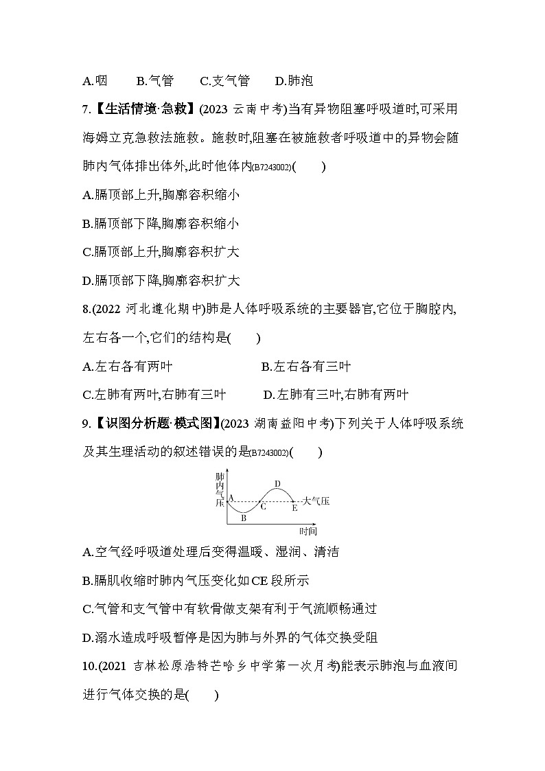 第三章   人体的呼吸综合检测--人教版初中生物七年级下册同步练习第3页