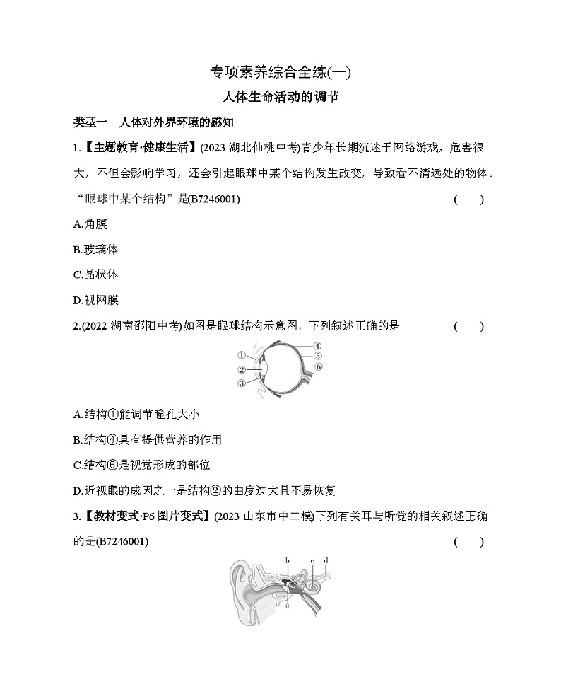 01-专项素养综合全练(一) 人体生命活动的调节 --五·四学制鲁科版初中生物七年级下册同步练习01