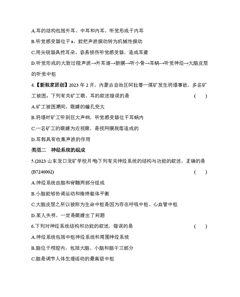 01-专项素养综合全练(一) 人体生命活动的调节 --五·四学制鲁科版初中生物七年级下册同步练习02