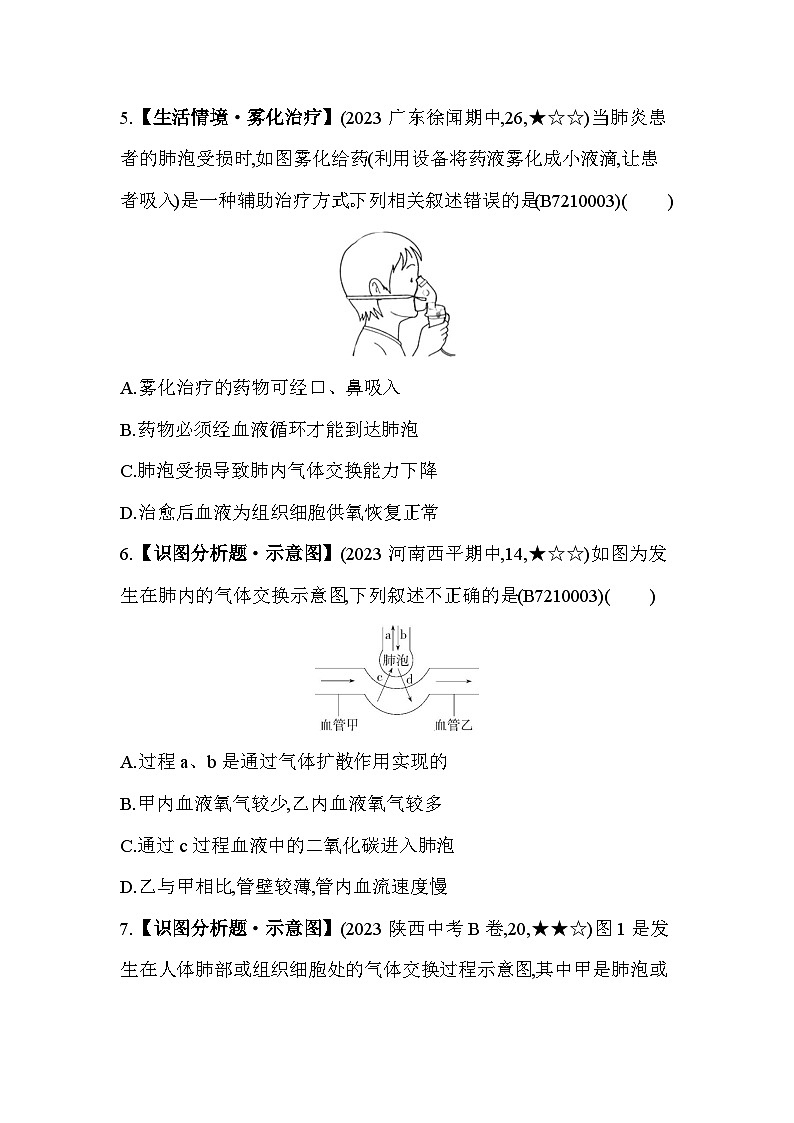 10.4 人体内的气体交换--苏教版初中生物七年级下册同步练习第3页