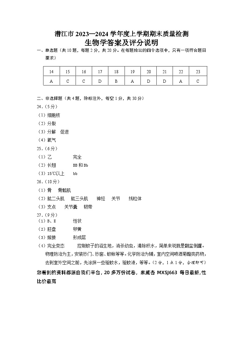 湖北省潜江市2023-2024学年八年级上学期期末质量检测生物试卷01