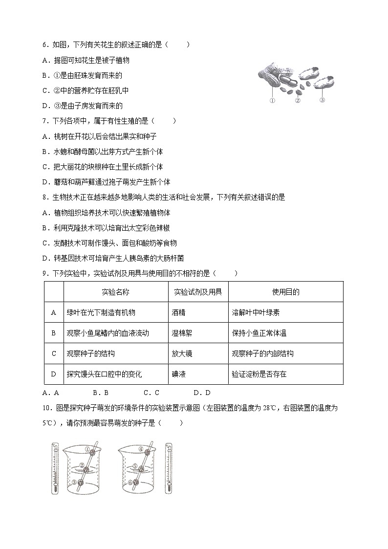 苏科版八年级上册生物第19章《植物的生殖和发育》测试卷(含答案)第2页