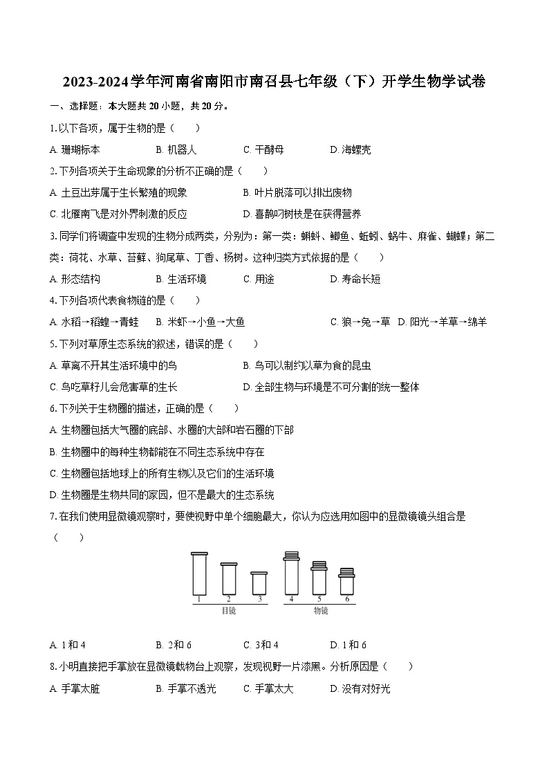 2023-2024学年河南省南阳市南召县七年级（下）开学生物学试卷（含解析）