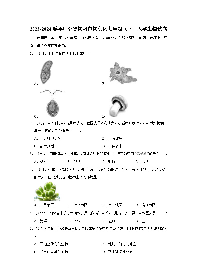 广东省揭阳市揭东区2023-2024学年七年级下学期入学生物试卷