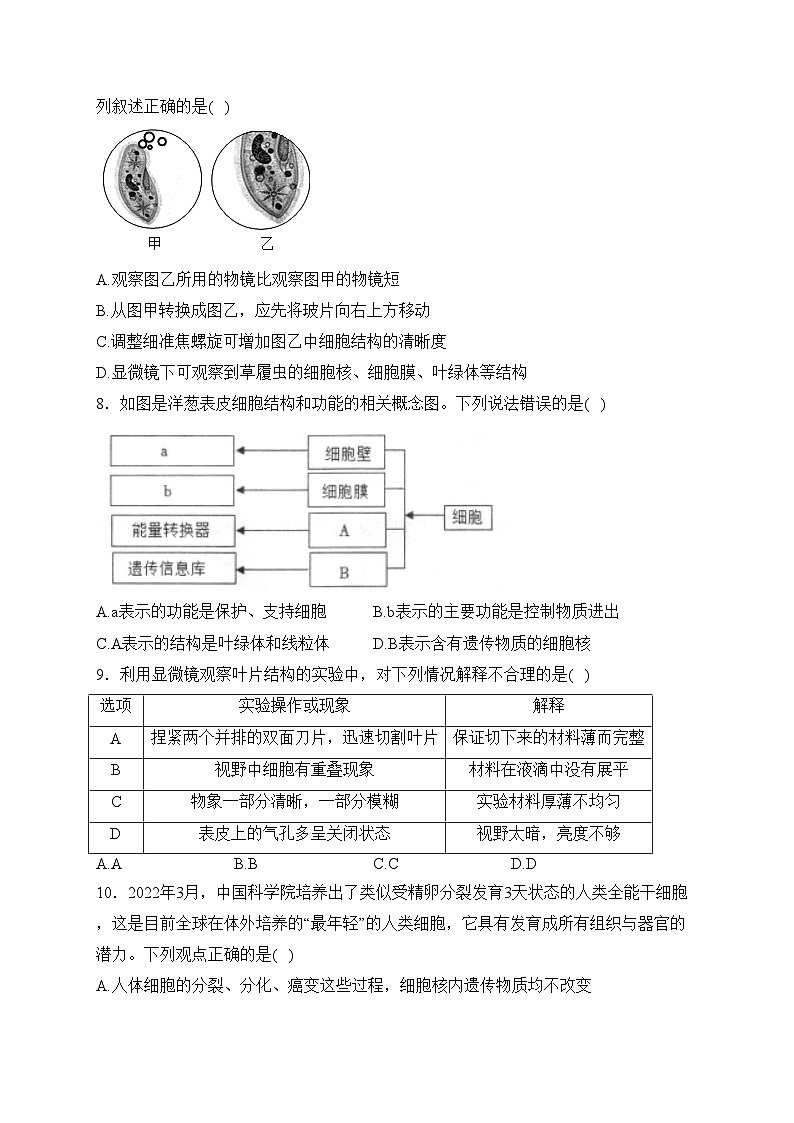 山东省济宁市微山县2023-2024学年七年级上学期期中考试生物试卷(含答案)02