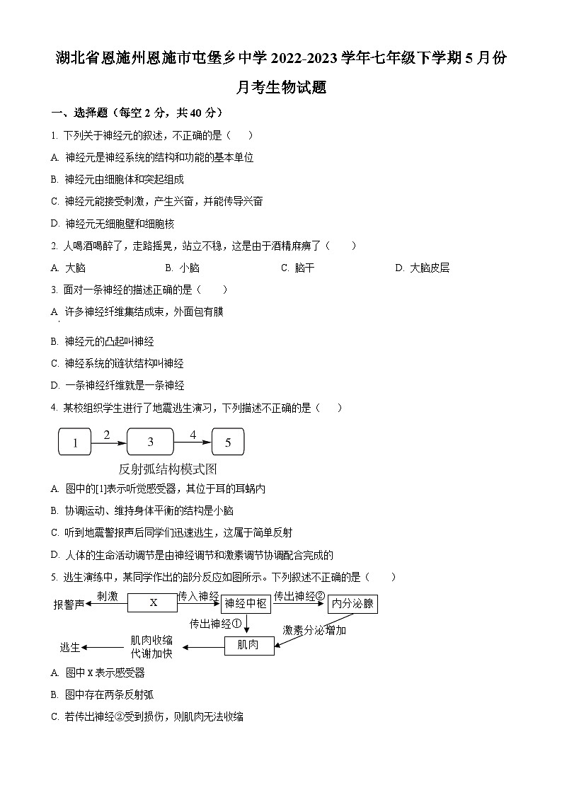 精品解析:湖北省恩施州恩施市屯堡乡中学2022-2023学年七年级下学期5月月考生物试题(原卷版)第1页