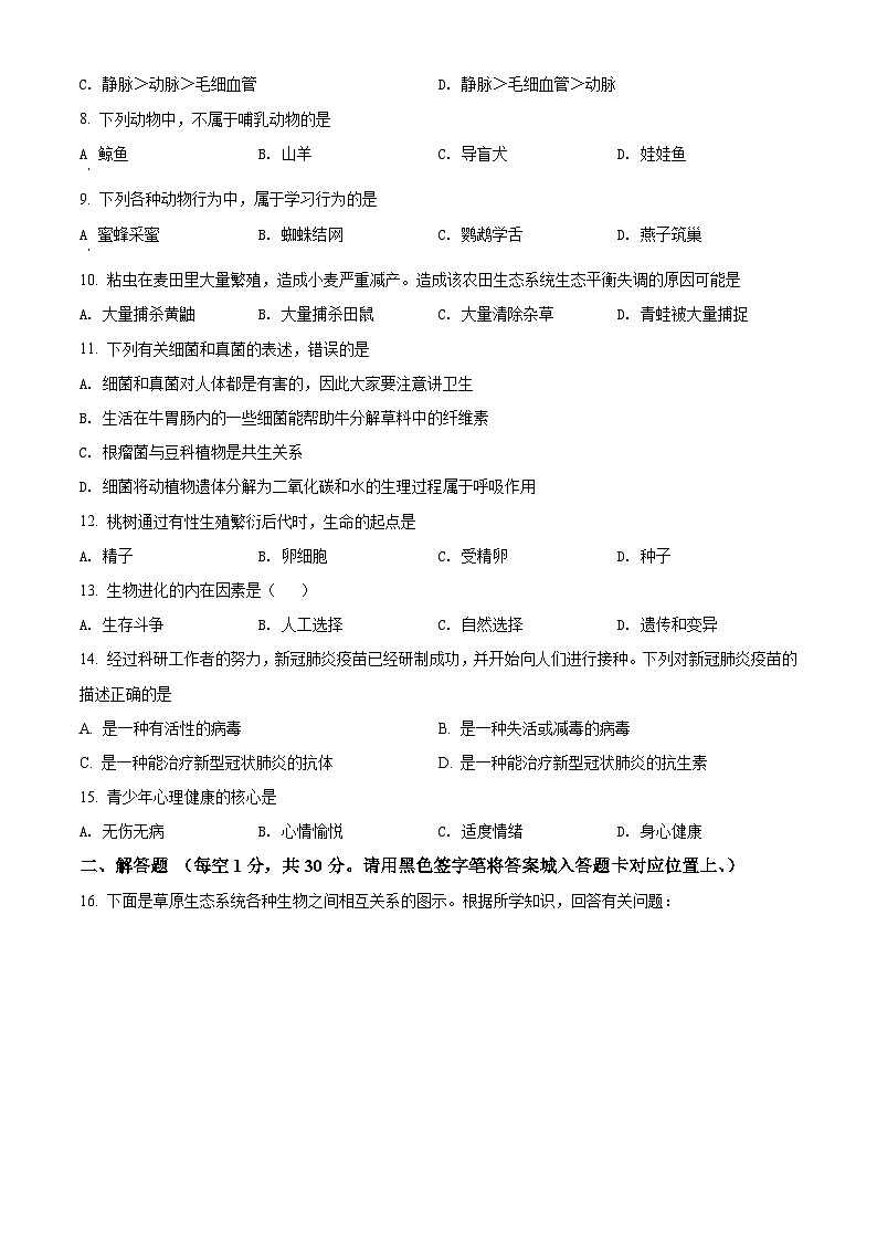 精品解析：貴州省黔東南州2021年中考生物試題（原卷版）第2頁(yè)