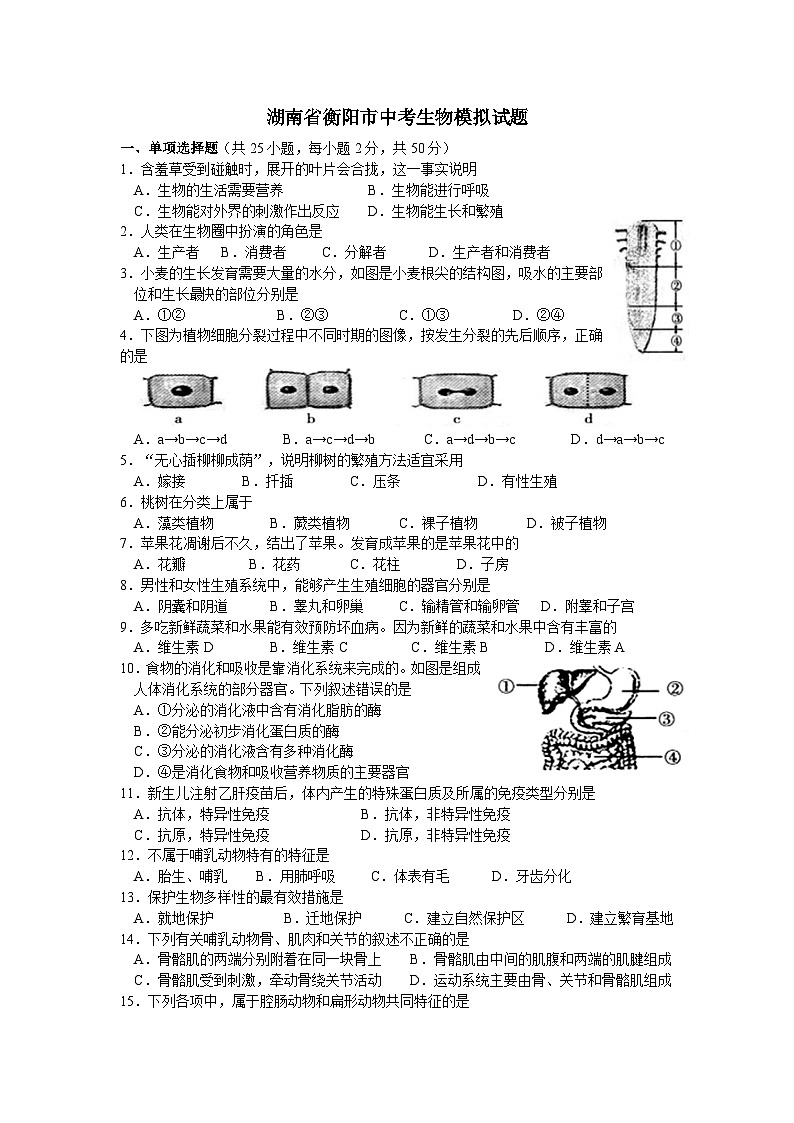初中生物复习专题精讲 湖南衡阳中考生物模拟试题(word版,含答案)第1页