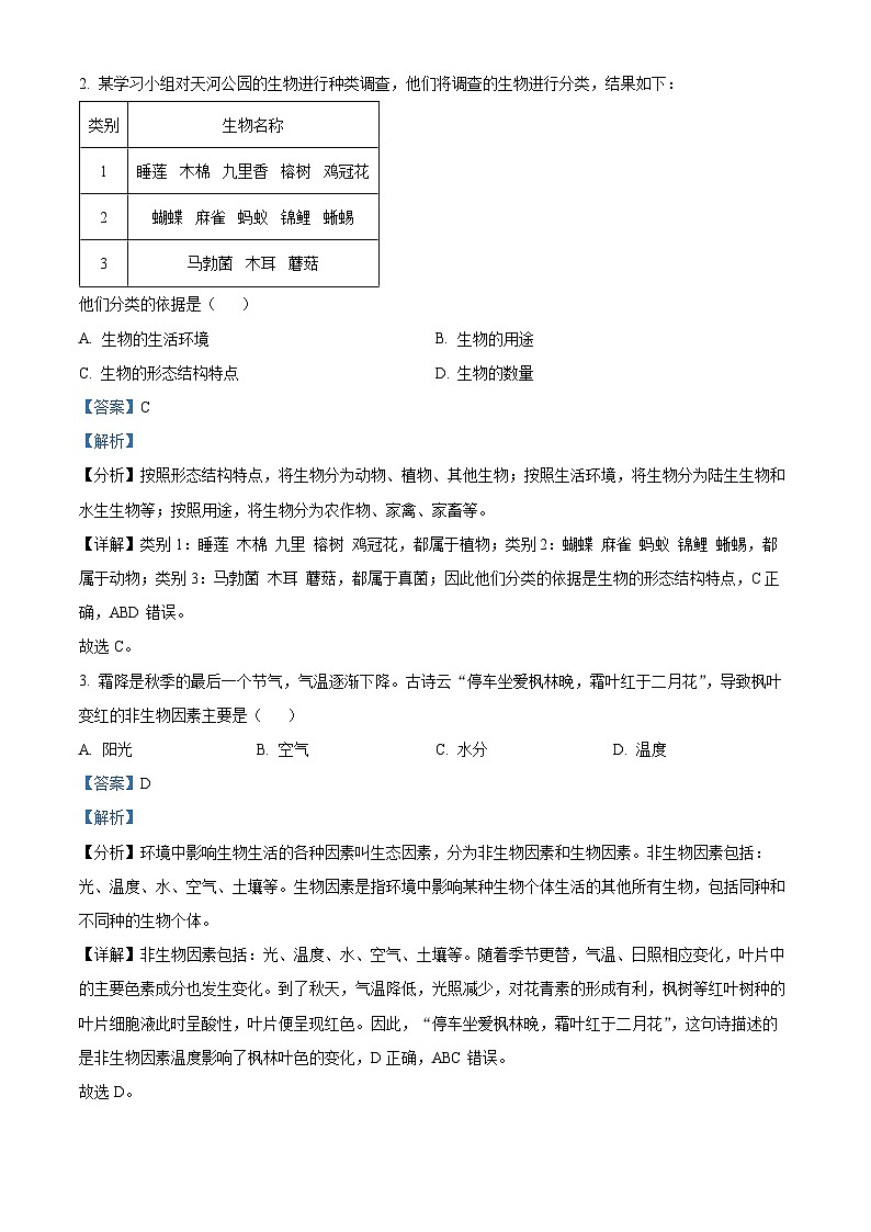 广东省广州市天河区2023-2024学年七年级上学期期末生物试题(原卷版+解析版)02