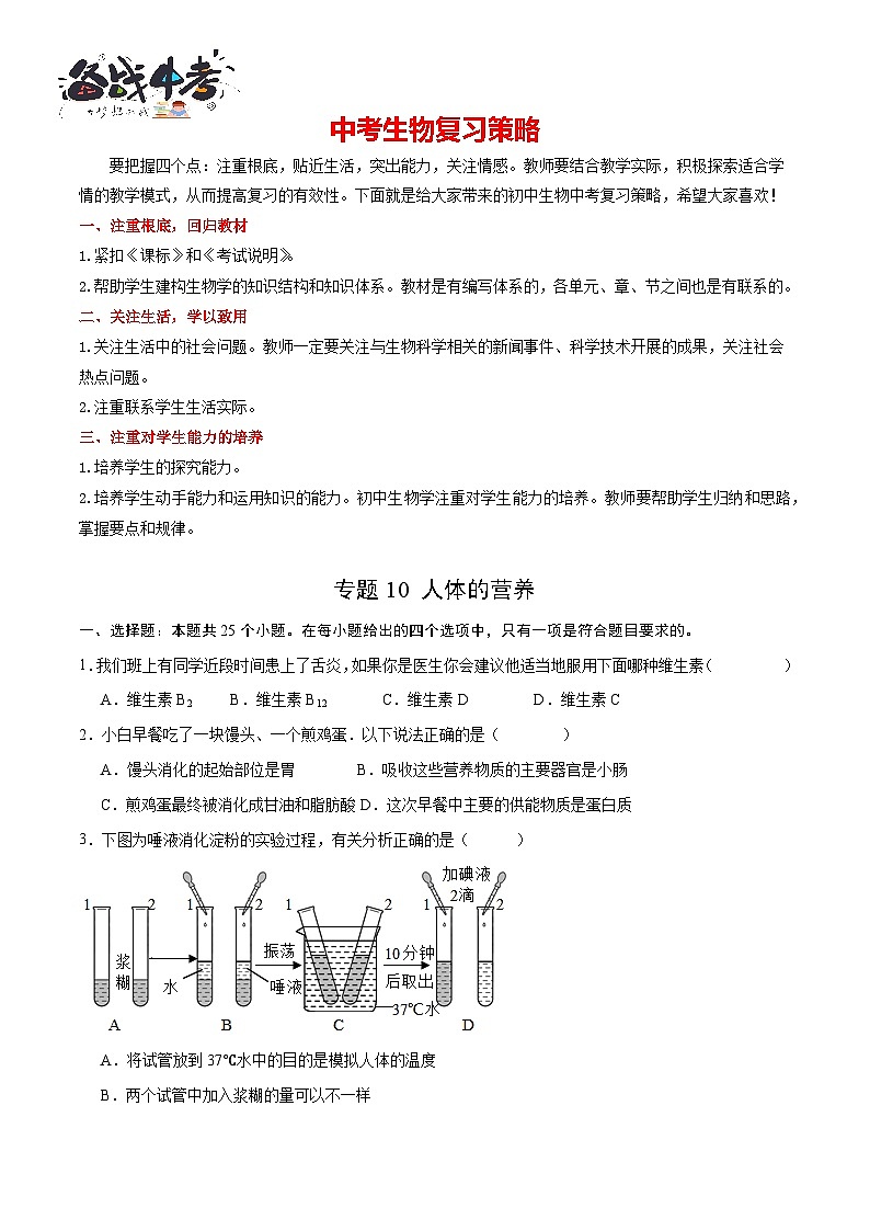 专题10 人体的营养(试卷版)第1页