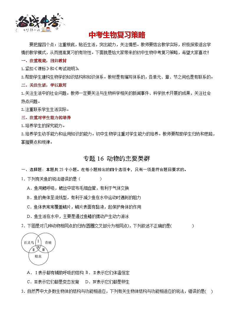专题16 动物的主要类群(试卷版)第1页