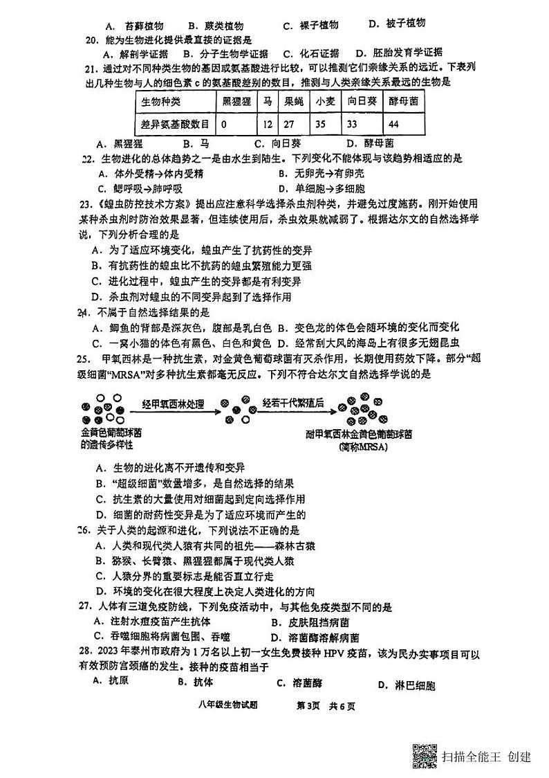 江苏省泰州中学附属初级中学2023-2024学年八年级下学期3月月考生物试题第3页