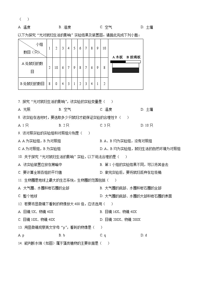 湖南省株洲市渌口区2023-2024学年七年级上学期期末生物试题(原卷版+解析版)02