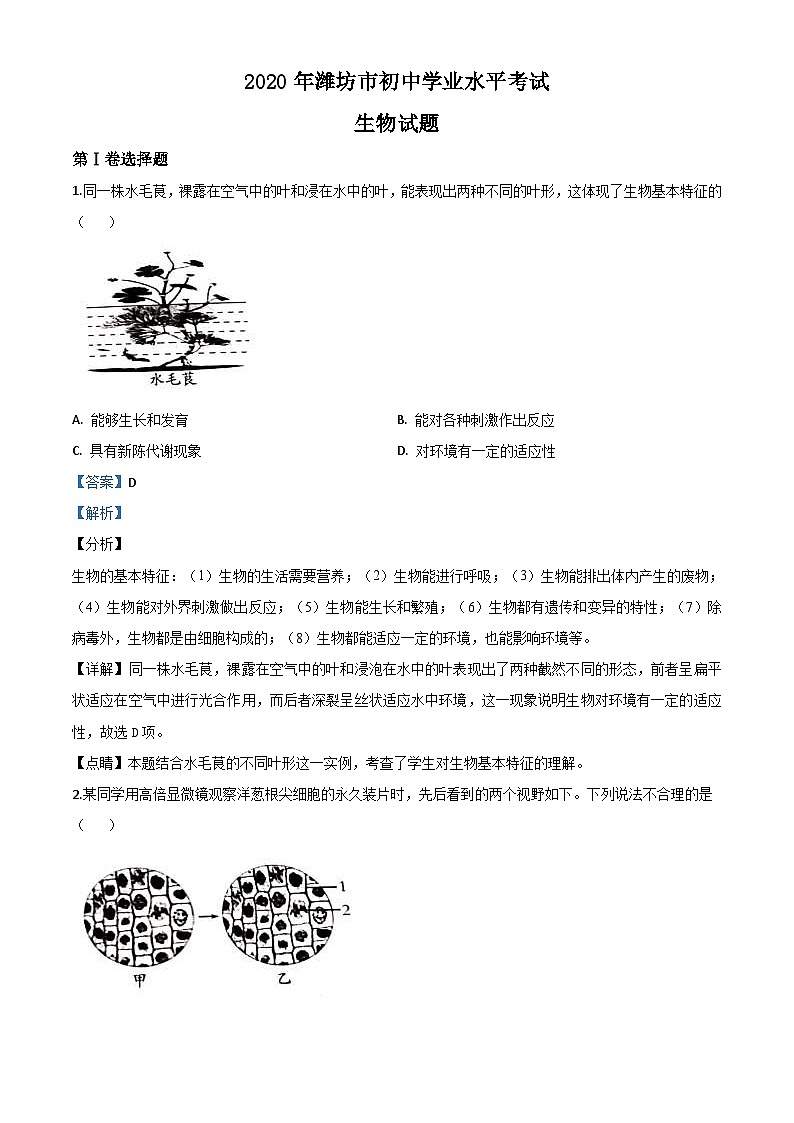 山东省潍坊市2020年中考生物试题(含解析)01