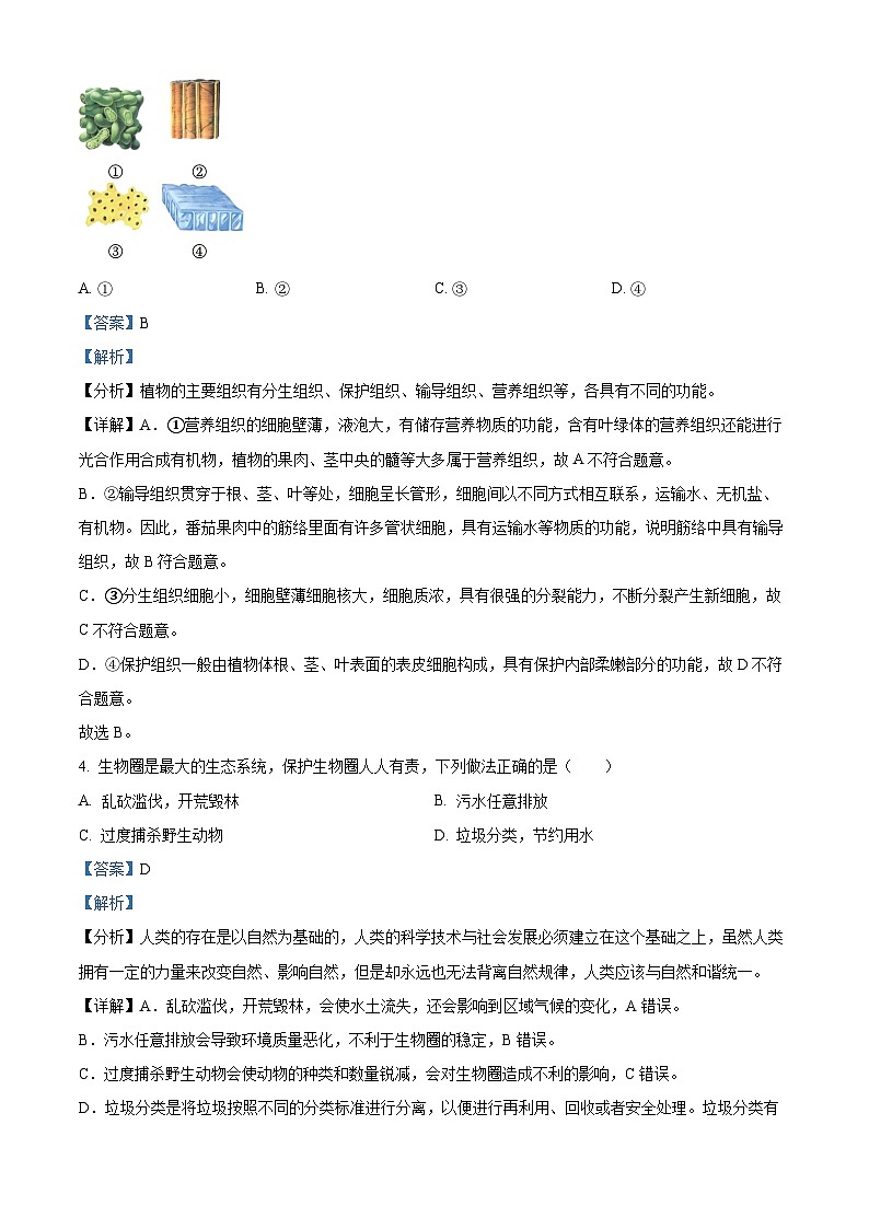 辽宁省大连市金普新区2023-2024学年七年级上学期期末生物试题(原卷版+解析版)02