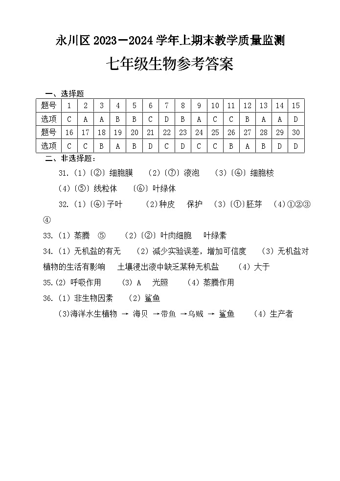 重庆市永川区2023-2024学年七年级上学期期末教学质量监测生物试题(含答案)01