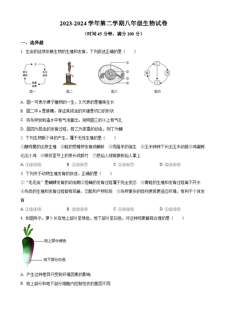 山西省大同市平城区两校联考2023-2024学年八年级下学期开学生物试题（原卷版+解析版）