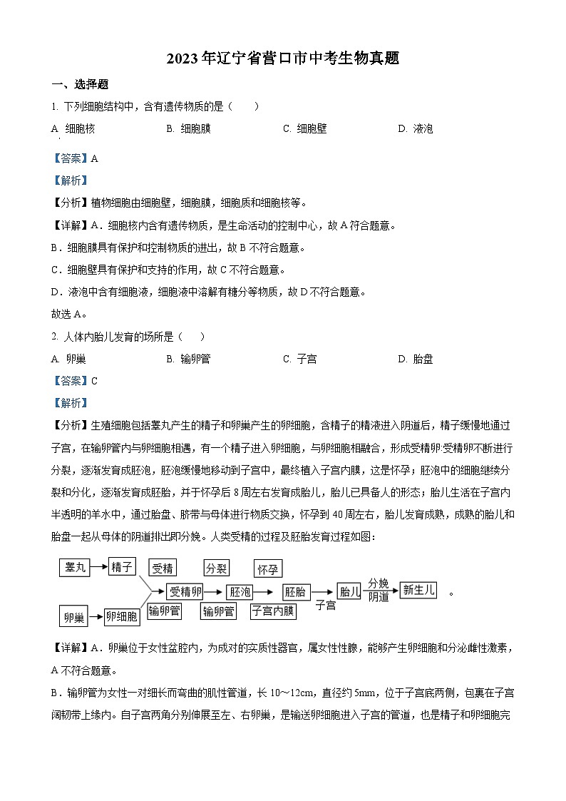 2023年辽宁省营口市中考生物真题(含解析)01