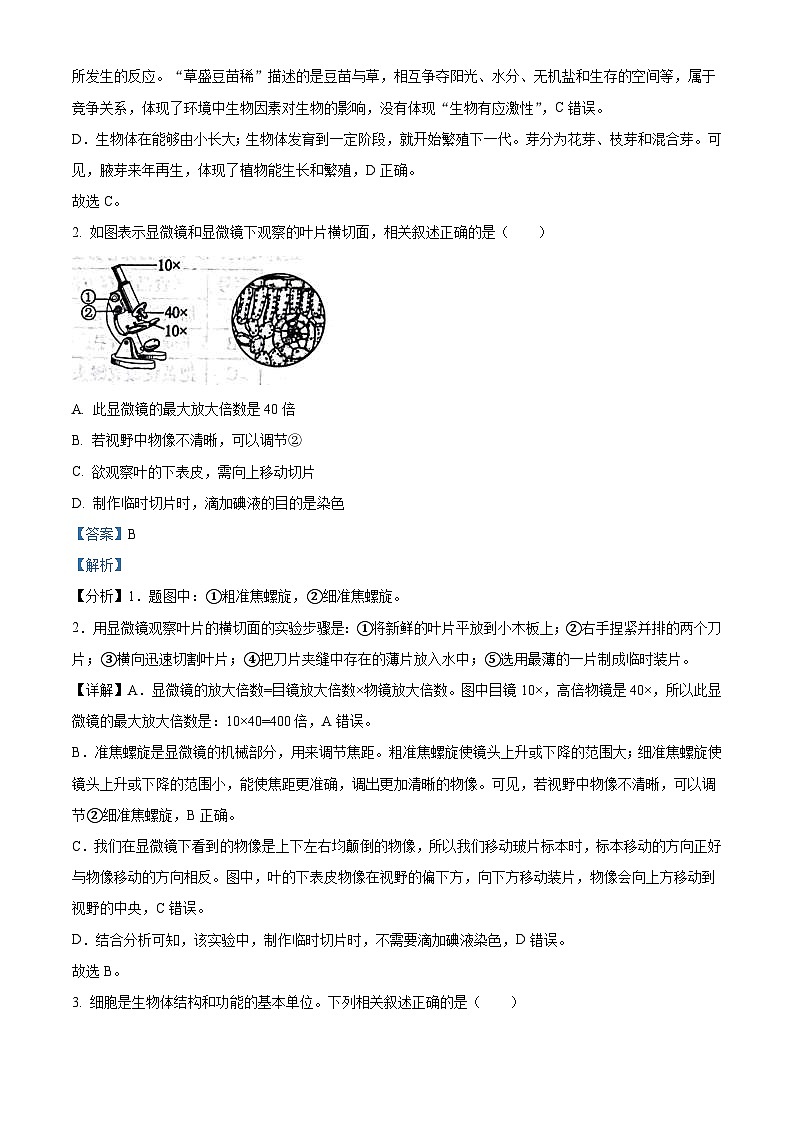 2023年山东省滨州市中考生物真题(含解析)02