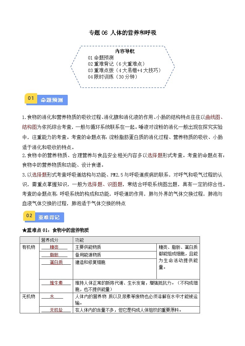 专题06 人体的营养和呼吸(解析版)第1页
