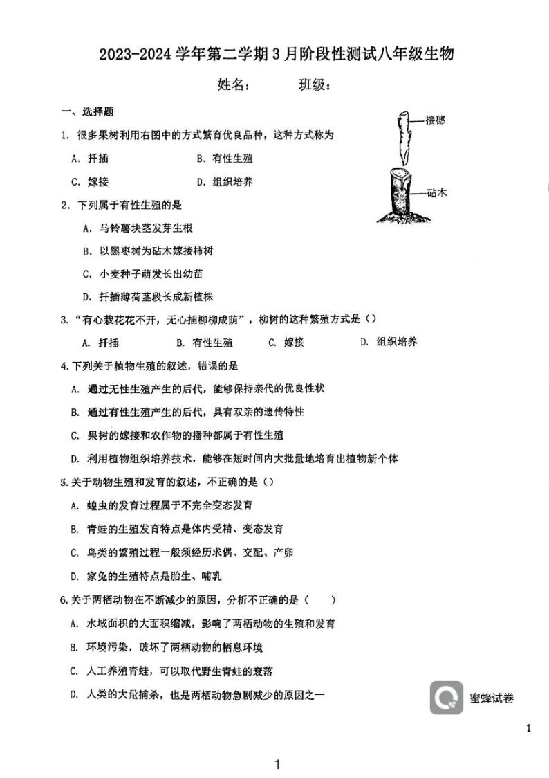 天津市西青区当城中学2023-2024学年八年级下学期3月月考生物试题01