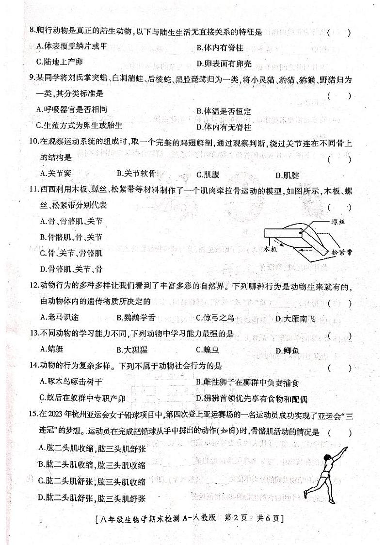 陕西省咸阳市永寿县蒿店中学2023-2024学年八年级上学期期末检测生物学试题第2页