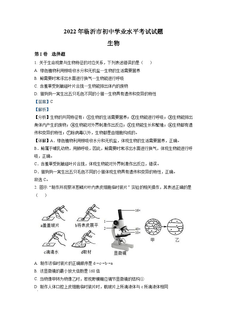 2022年山东省临沂市中考生物真题(含解析)第1页