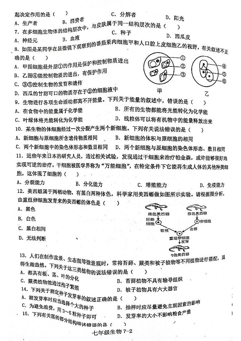 河南省信阳市淮滨县2023-2024学年七年级上学期期末生物学试题02