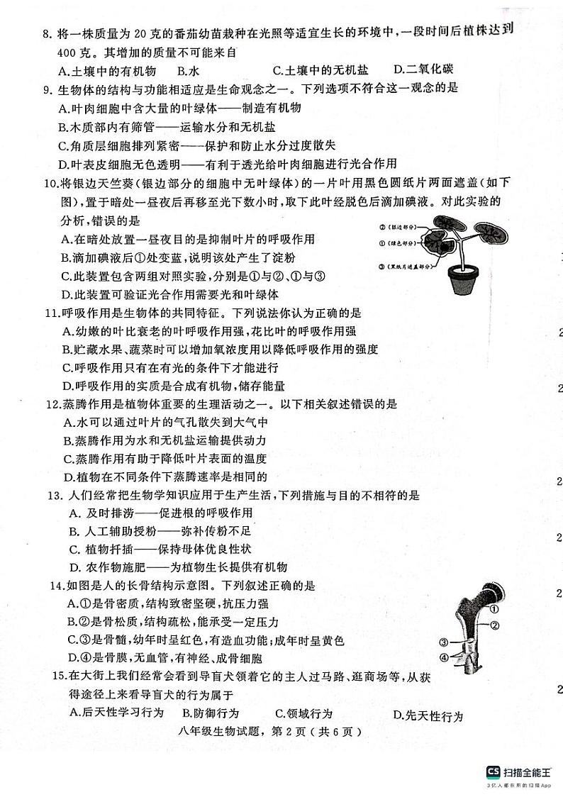 河北省石家庄市高邑县2023-2024学年八年级上学期期末教学质量检测生物学试题第2页