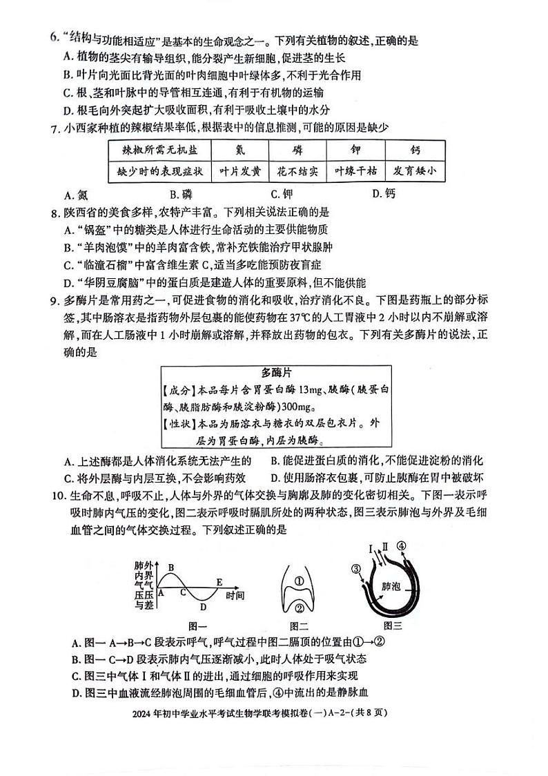 2024年陕西省榆林市佳县初中学业水平考试生物学联考模拟卷(一)第2页
