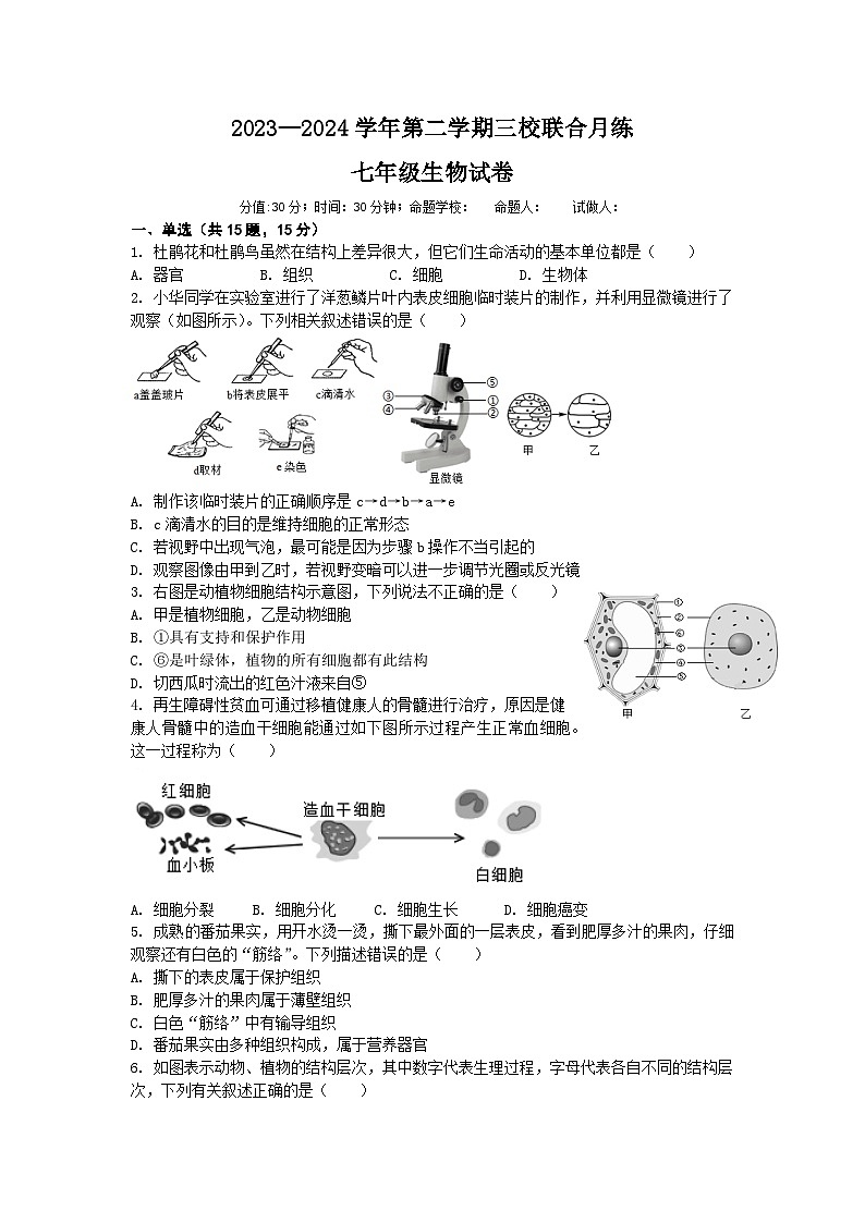 江苏省南通市平潮三校2023-2024学年七年级下学期第一次月考生物试卷第1页