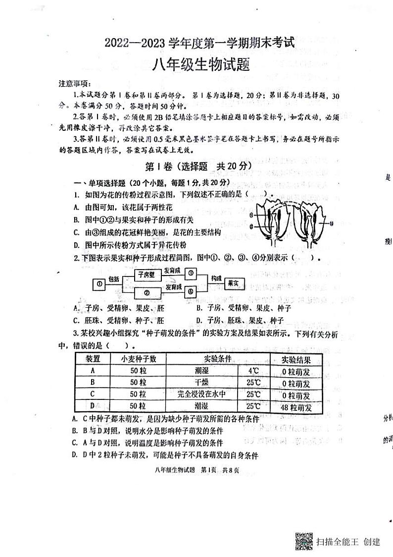 山东省济宁市微山县2022-2023学年八年级上学期期末生物学试题第1页