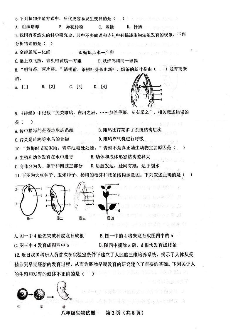 山东省济南市商河县2023-2024学年八年级上学期期末考试生物试题02