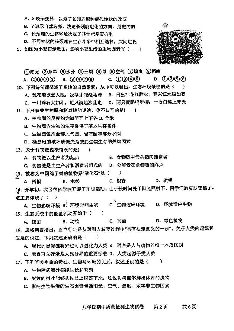 山东省枣庄市第四十一中学2023-2024学年八年级上学期第三次月考生物试题02