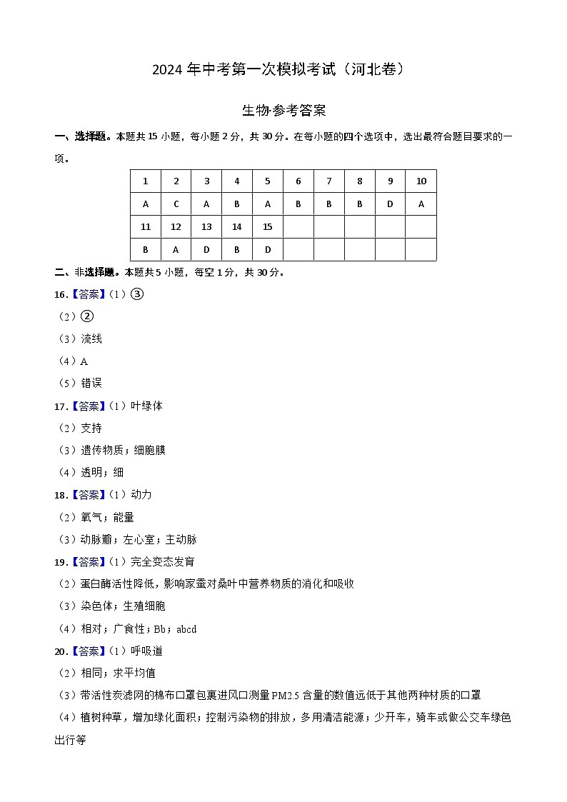 生物(河北卷)-2024年会考第一次模拟考试01